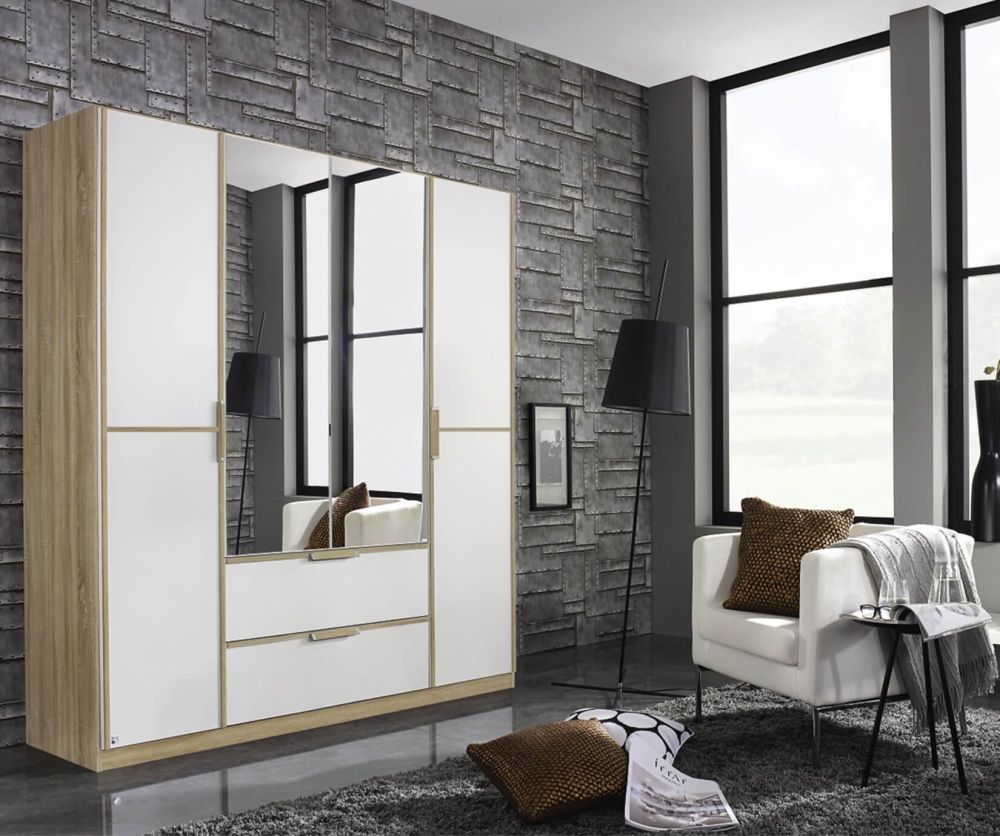 Rauch Essensa Sonoma Oak with Alpine White 6 Door 2 Drawer Wardrobe with 2 Mirror Carcass Coloured Short Handle with Vertical and Horizontal Trims (W271cm)
