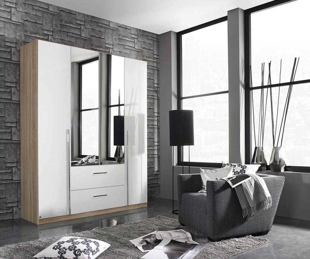 Rauch Essensa Sonoma Oak with Alpine White 4 Door 2 Mirror Wardrobe with Chrome Coloured Short Handle with Vertical and Horizontal Trims (W181cm)