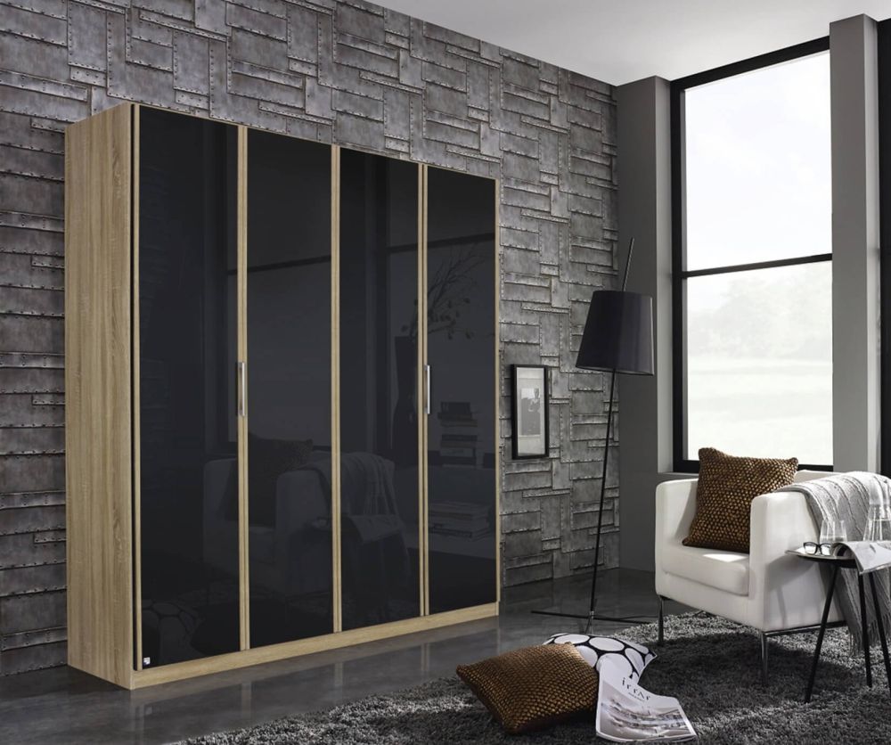 Rauch Essensa Sonoma Oak with Basalt Glass 5 Door Wardrobe with Chrome Coloured Short Handle with Vertical Trims (W226cm)