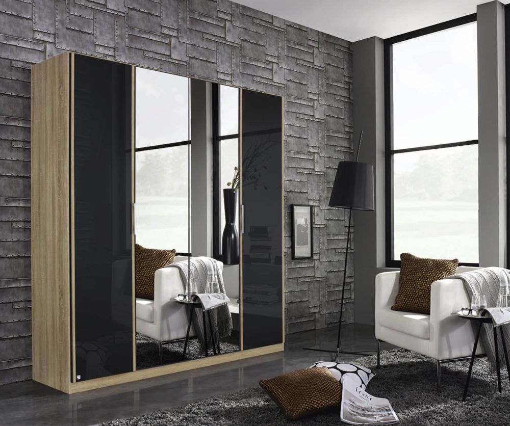 Rauch Essensa Sonoma Oak with Basalt Glass 3 Door 1 Mirror Wardrobe with Chrome Coloured Short Handle with Vertical Trims (W136cm)
