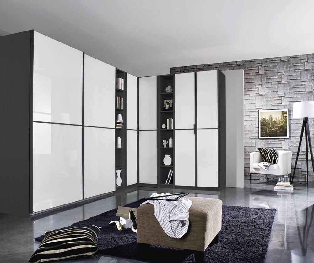 Rauch Essensa Metallic Grey with White Glass 3 Door Sliding Wardrobe with Carcass Coloured Handle with Vertical and Horizontal Trims (W271cm)
