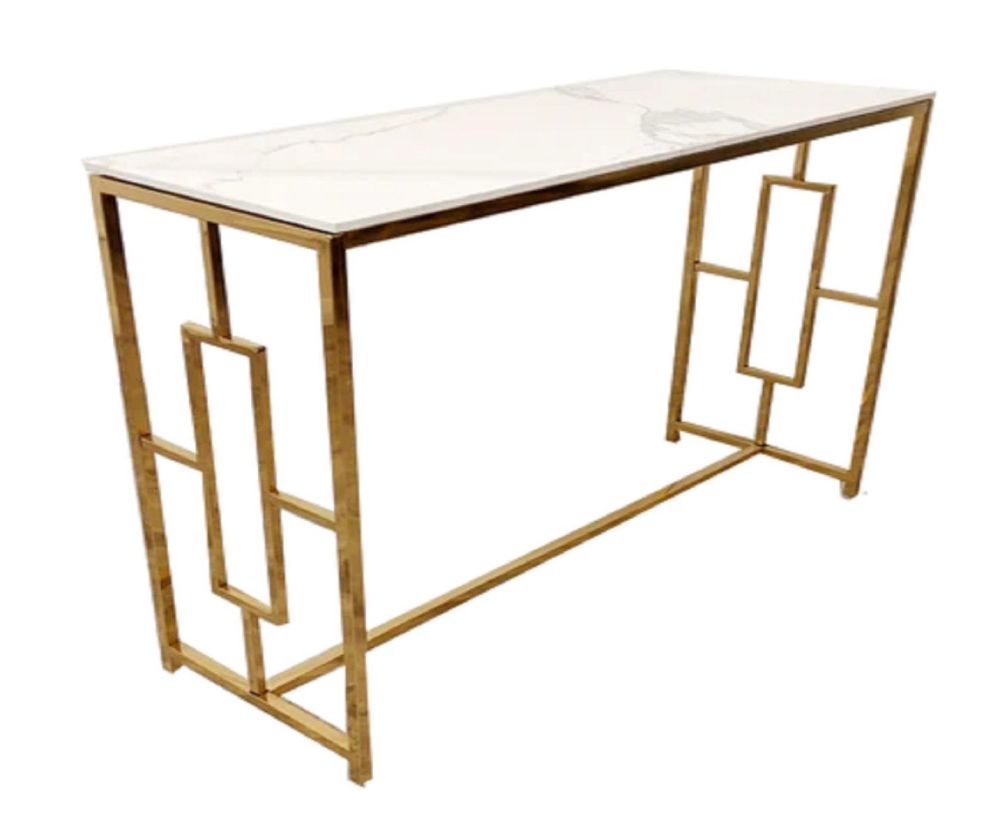 Furnish 365 Geo Gold Console Table With Polar Top White Sintered 