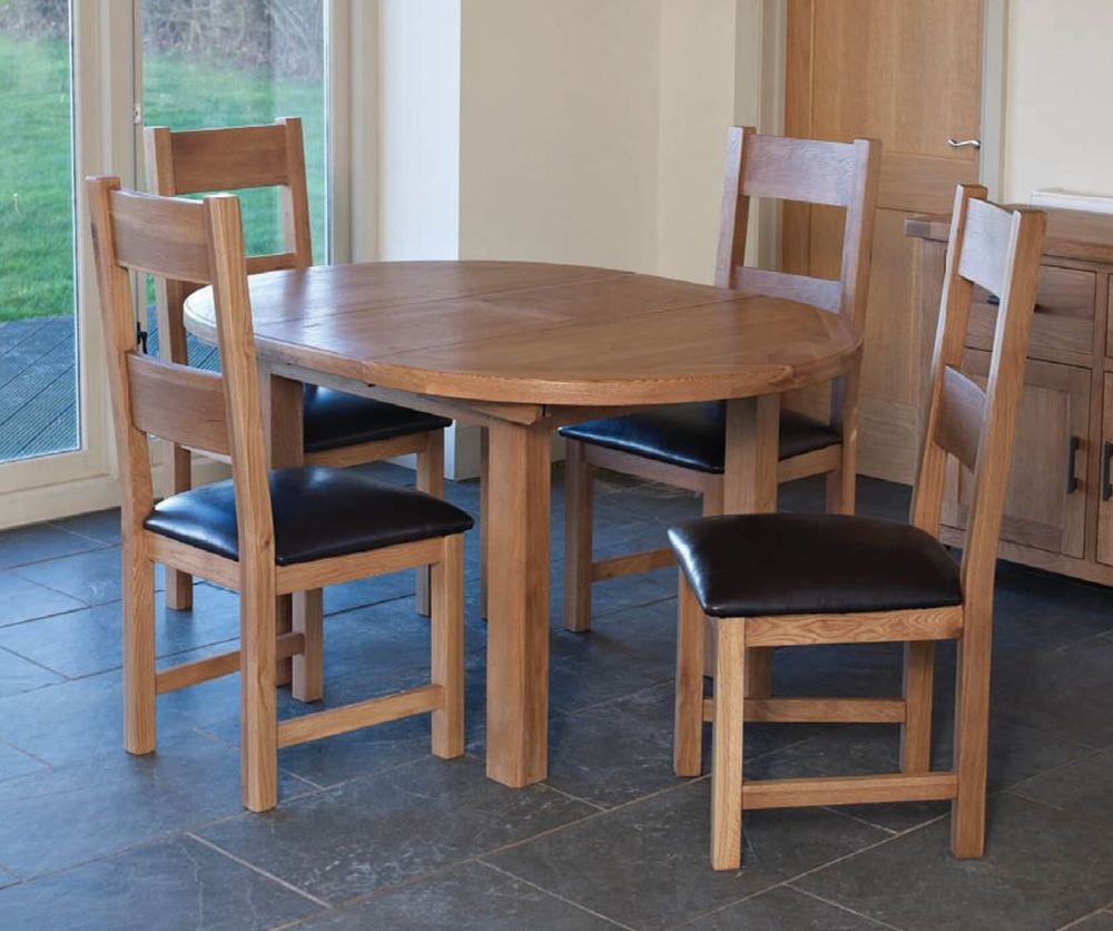 Furniture Link Hampshire Solid Oak Round Extending Dining Set with 4 Padded Seat Chairs - 107cm