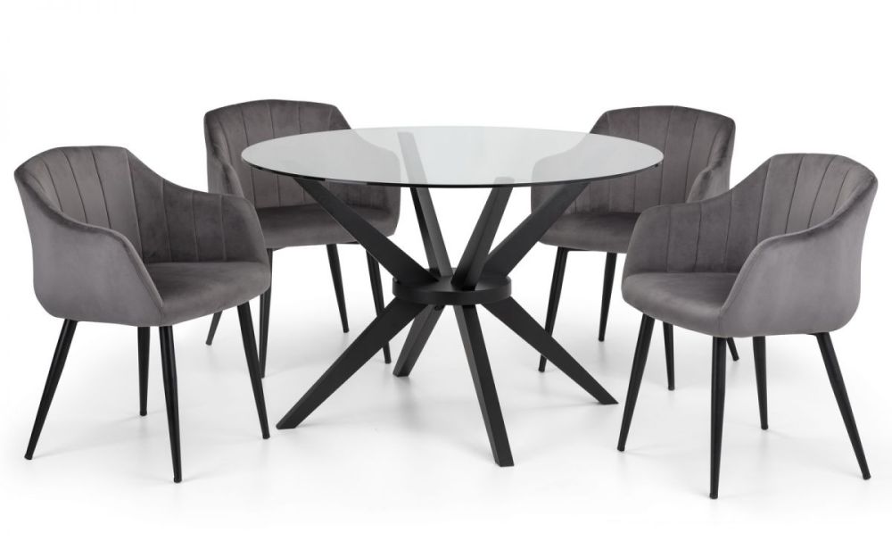 Julian Bowen Hayden Round Glass Dining Table with 4 Hobart Grey Dining Chair