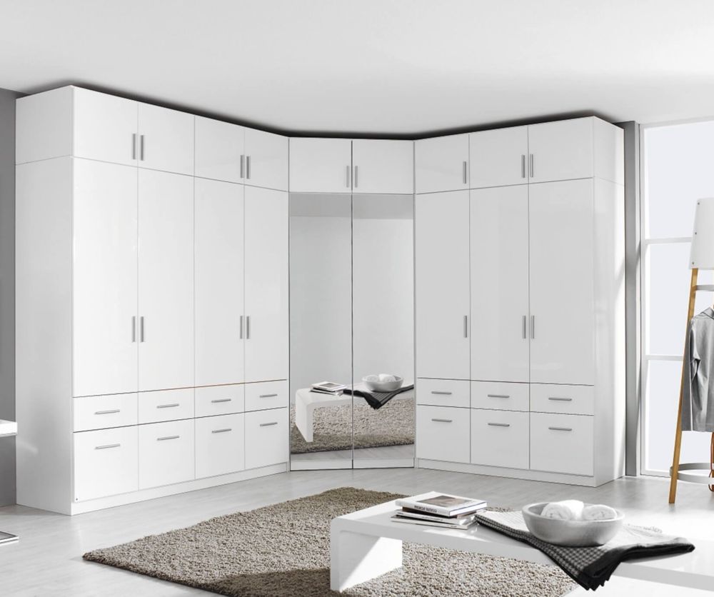 Rauch Celle Alpine White with High Polish White 2 Door Corner Wardrobe with 2 Mirrors (W117cm)