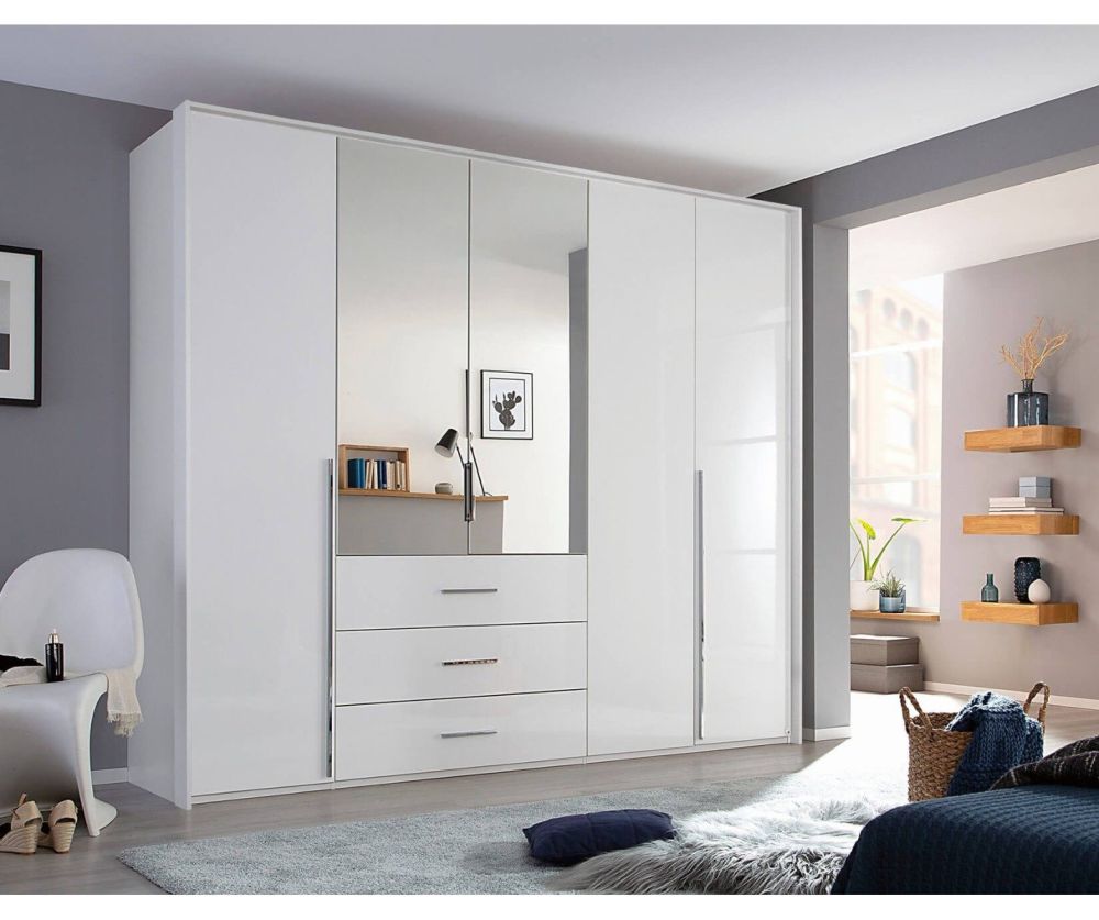 Rauch Montclar Sanremo Oak Light Colour Carcase with High Polish White Front 5 Door 2 Mirror Combi Wardrobe with Drawers