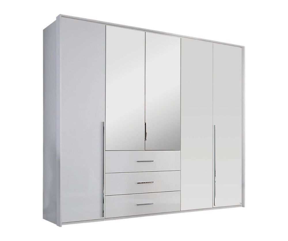Rauch Montclar Alpine White Carcase with High Polish White Front 5 Door 2 Mirror Combi Wardrobe with Drawers