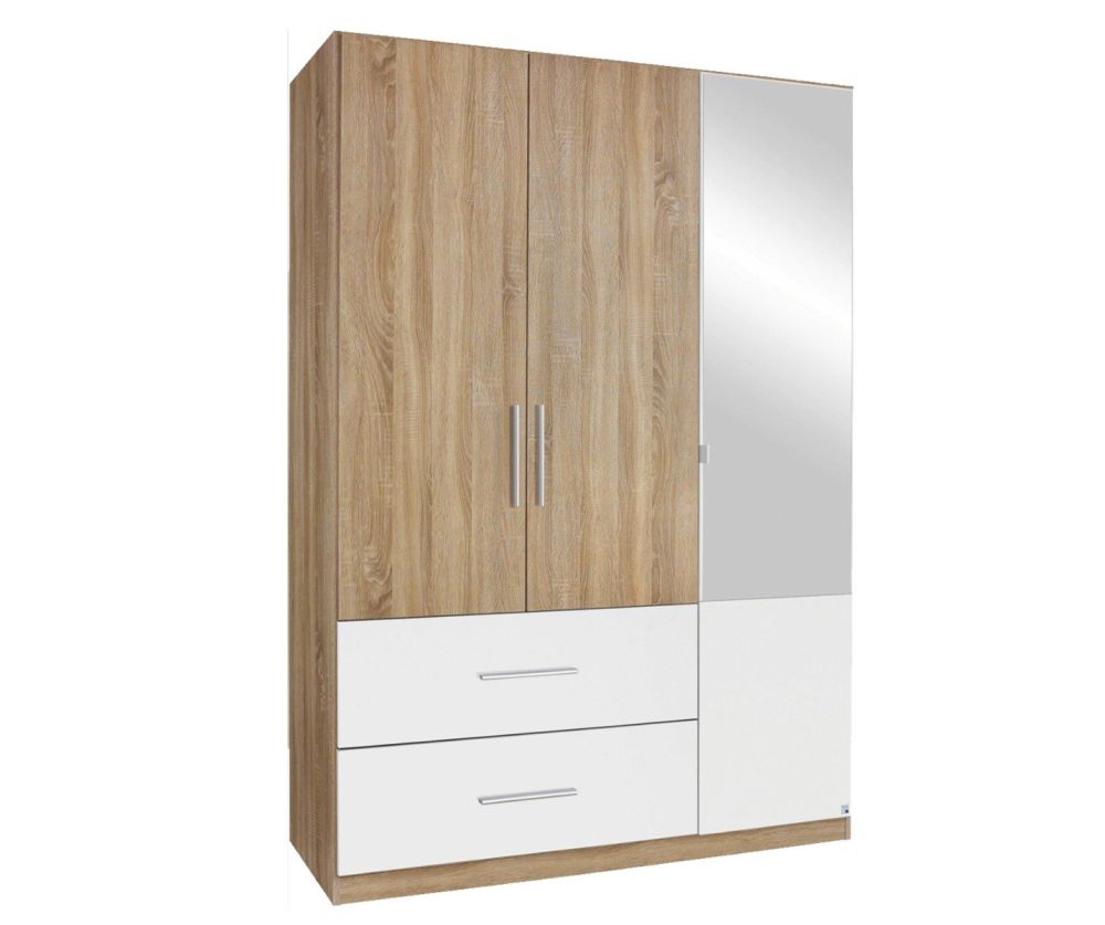 Rauch Alvor Sonoma Oak with Alpine White 3 Door 2 Drawer Door Combi Wardrobe with Mirror (W136cm)