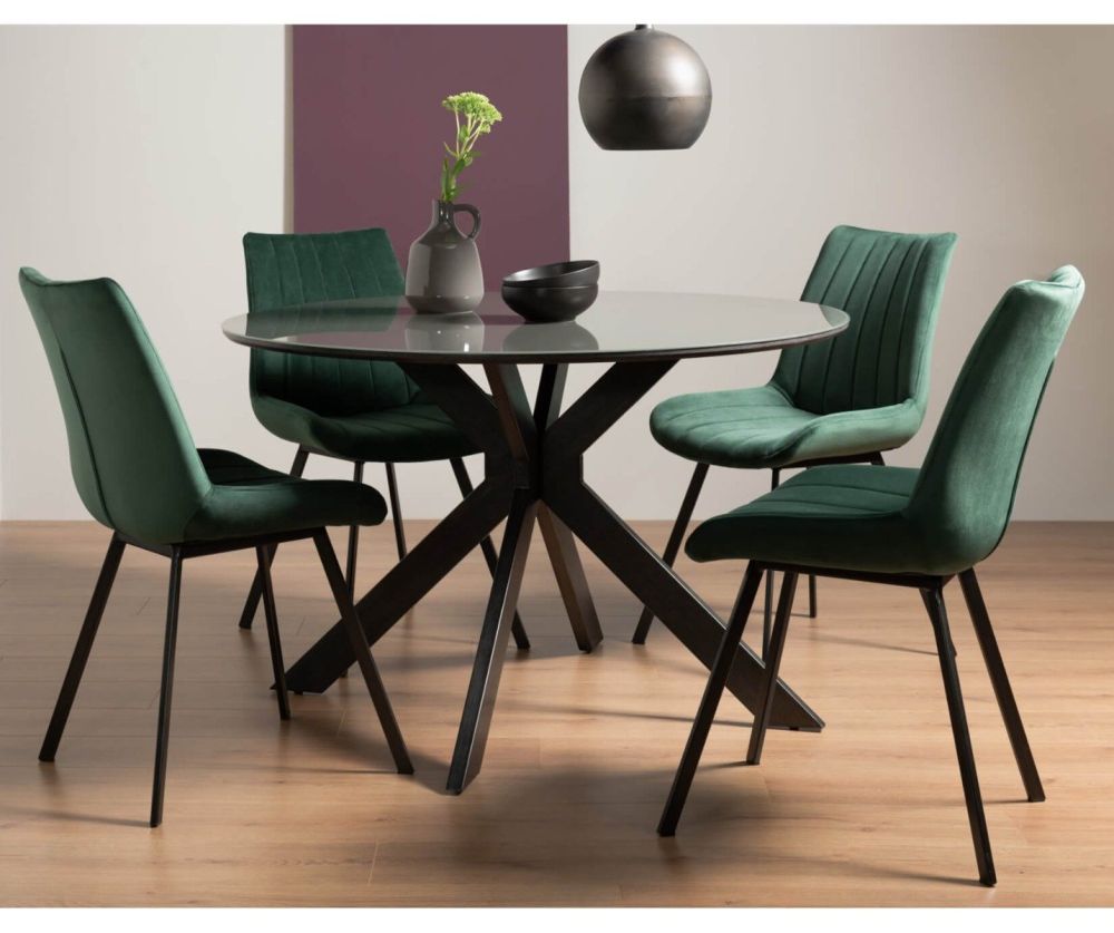 Bentley Designs Hirst Grey Painted 4 Seater Dining Table and 4 Fontana Green Velvet Fabric Chairs with Black Legs