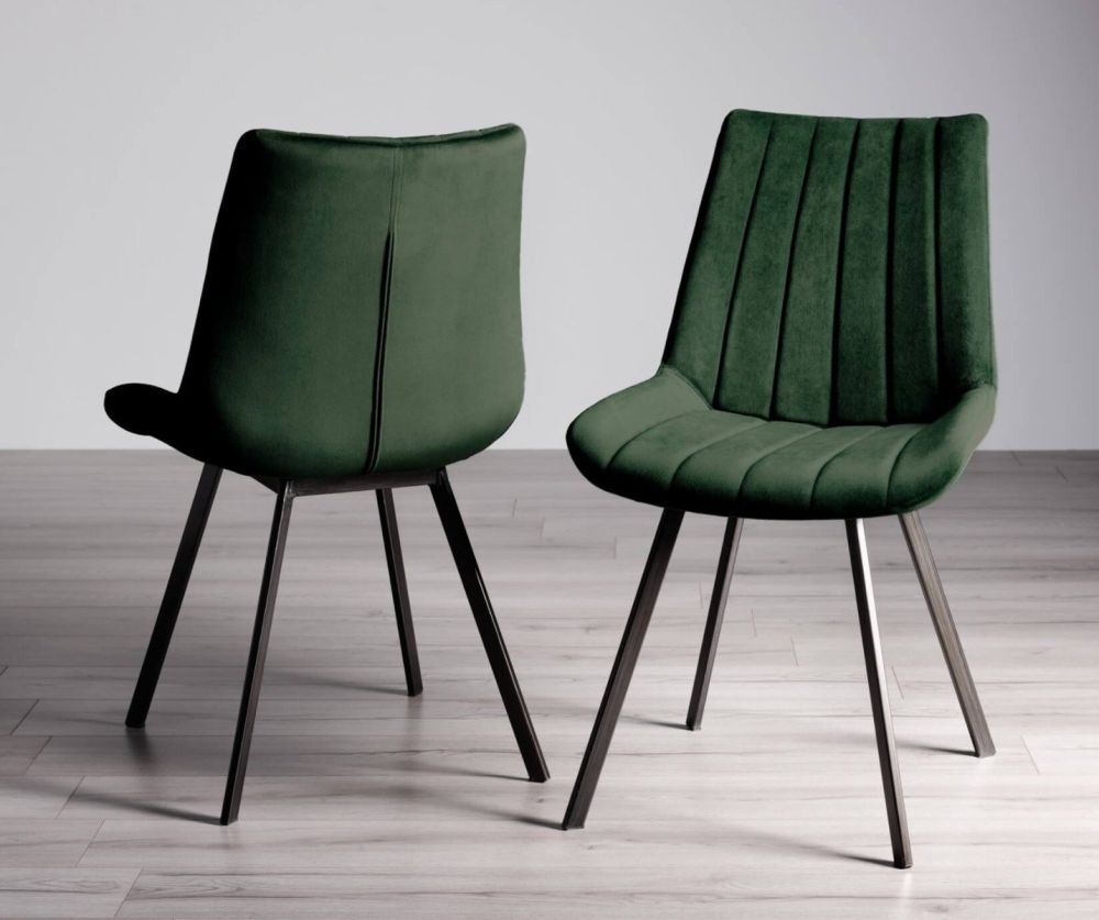 Bentley Designs Hirst Grey Painted 4 Seater Dining Table and 4 Fontana Green Velvet Fabric Chairs with Black Legs