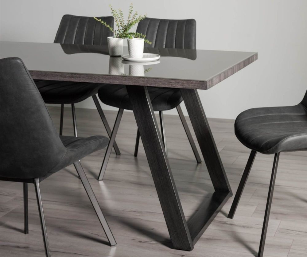 Bentley Designs Hirst Grey Painted Tempered Glass 6 Seater Dining Table with Grey Hand Brushing on Black Powder Coated Base