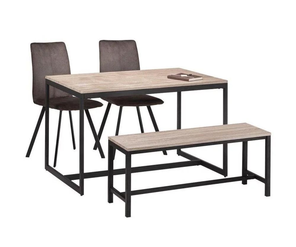Julian Bowen Tribeca Oak and Black Metal Dining Table with Bench and 2 Monroe Chairs