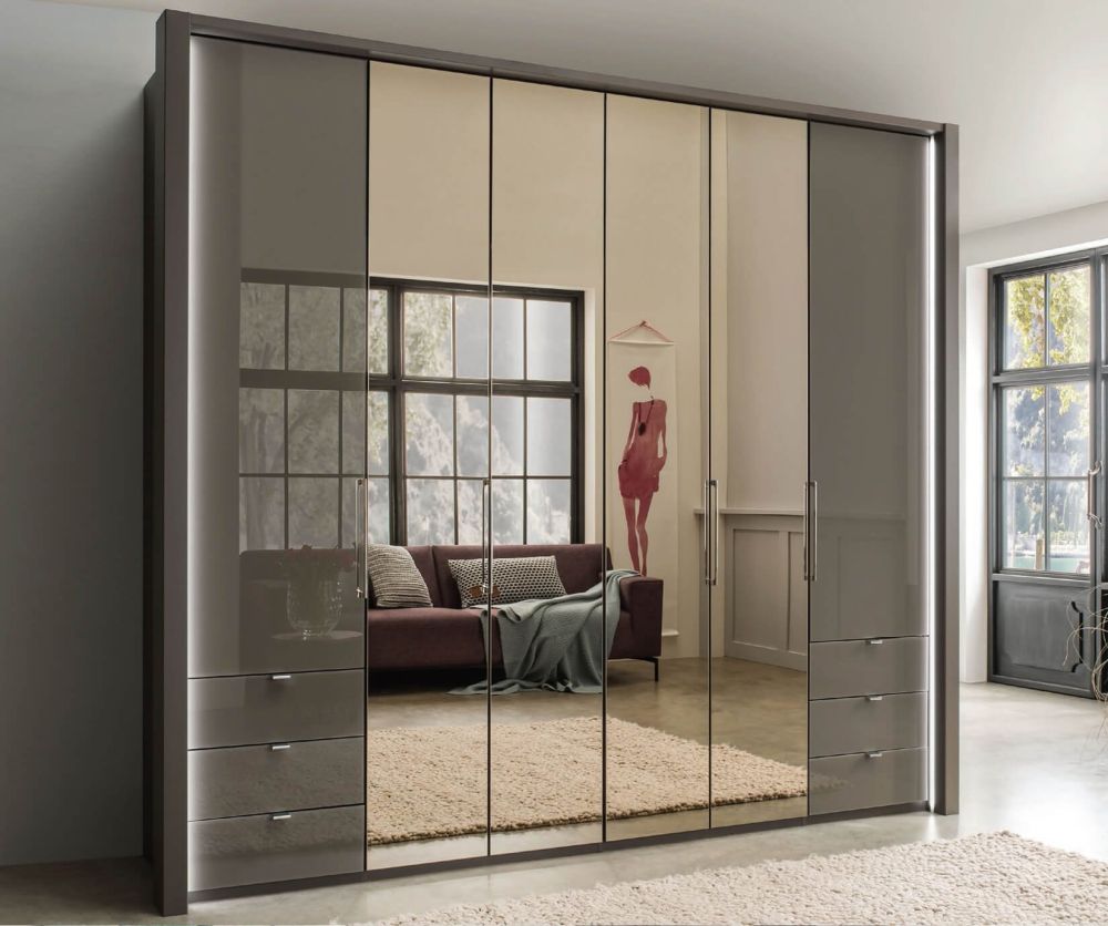 Wiemann Kansas 4 Mirror Door 6 Drawer Wardrobe with Havana Glass Front - W 150cm