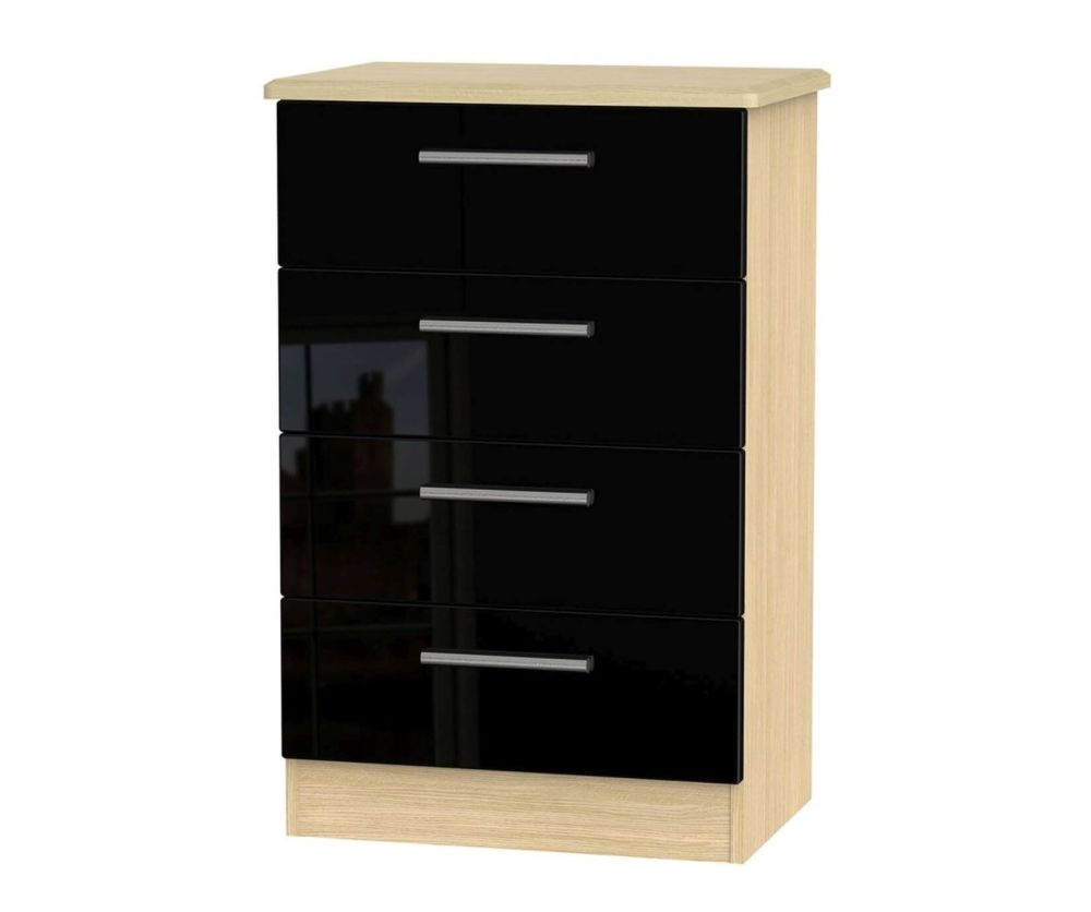 Welcome Furniture Knightsbridge High Gloss Black and Light Oak Chest of Drawer - 4 Drawer Midi