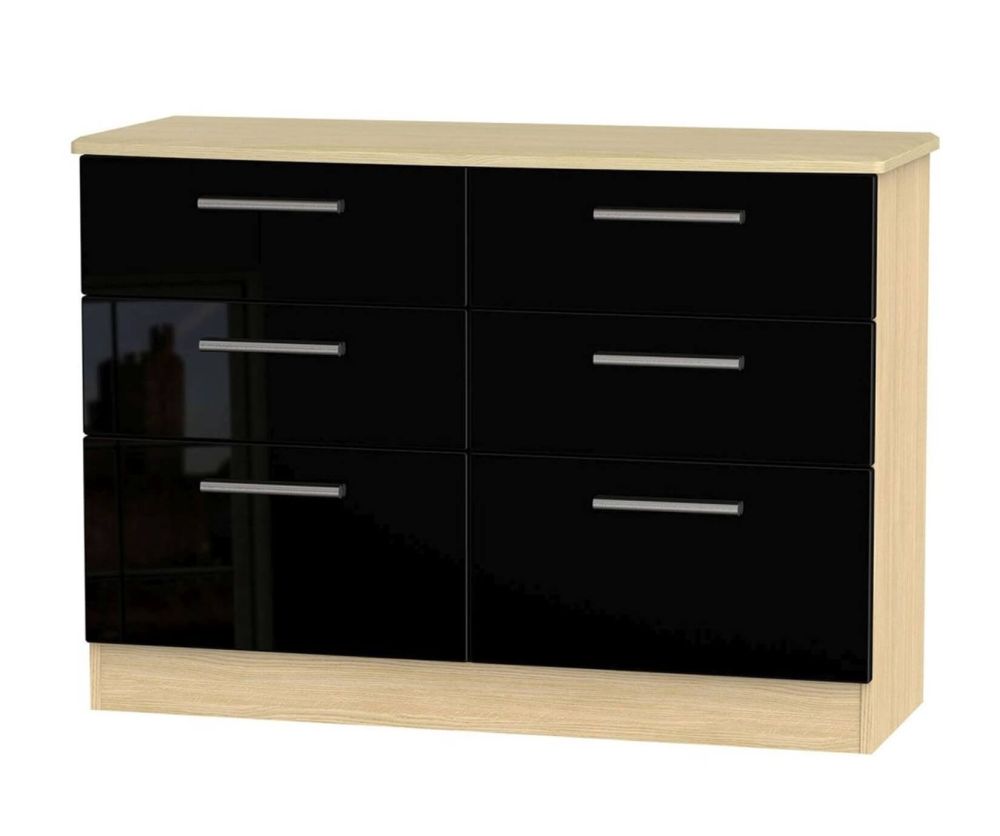 Welcome Furniture Knightsbridge High Gloss Black and Light Oak 6 Drawer Midi Chest