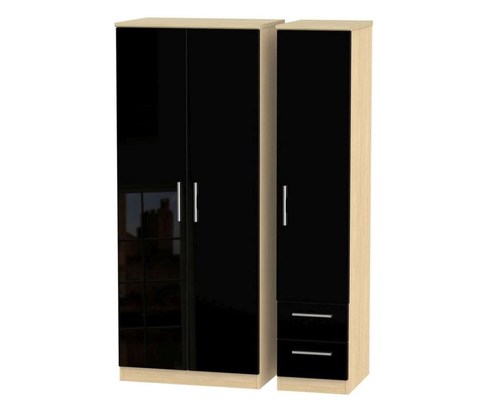 Welcome Furniture Knightsbridge High Gloss Black and Light Oak Triple Wardrobe - Plain with 2 Drawer