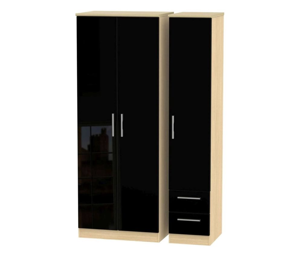 Welcome Furniture Knightsbridge High Gloss Black and Light Oak Triple Wardrobe - Tall Plain with 2 Drawer