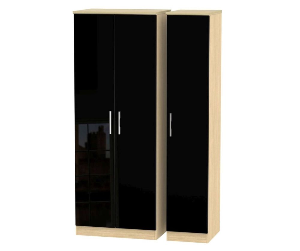 Welcome Furniture Knightsbridge High Gloss Black and Light Oak Triple Wardrobe - Tall Plain