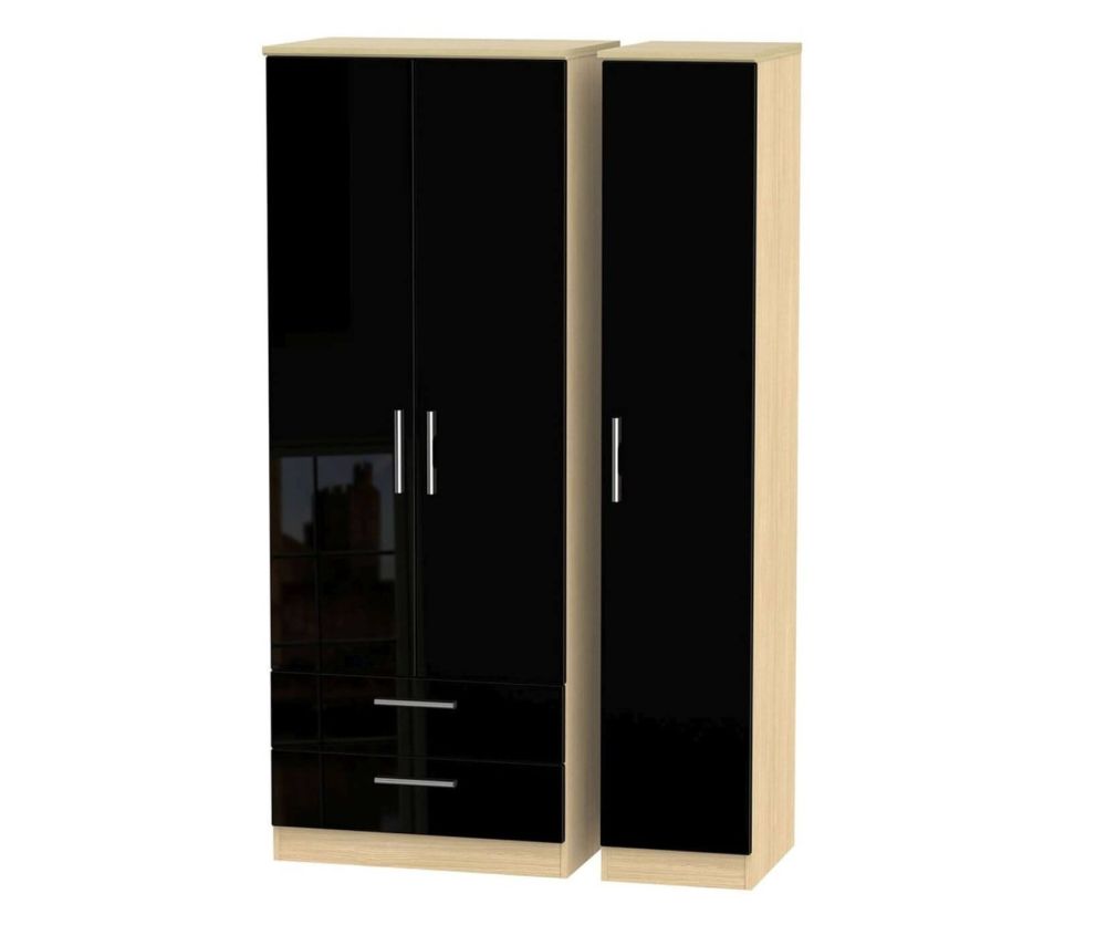 Welcome Furniture Knightsbridge High Gloss Black and Light Oak Wardrobe - Tall with 2 Drawer