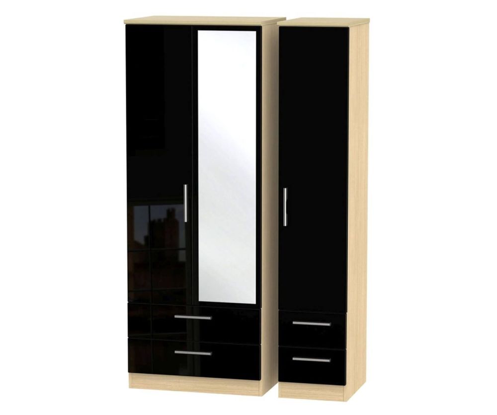 Welcome Furniture Knightsbridge High Gloss Black and Light Oak Triple Wardrobe - Tall with Drawer and Mirror