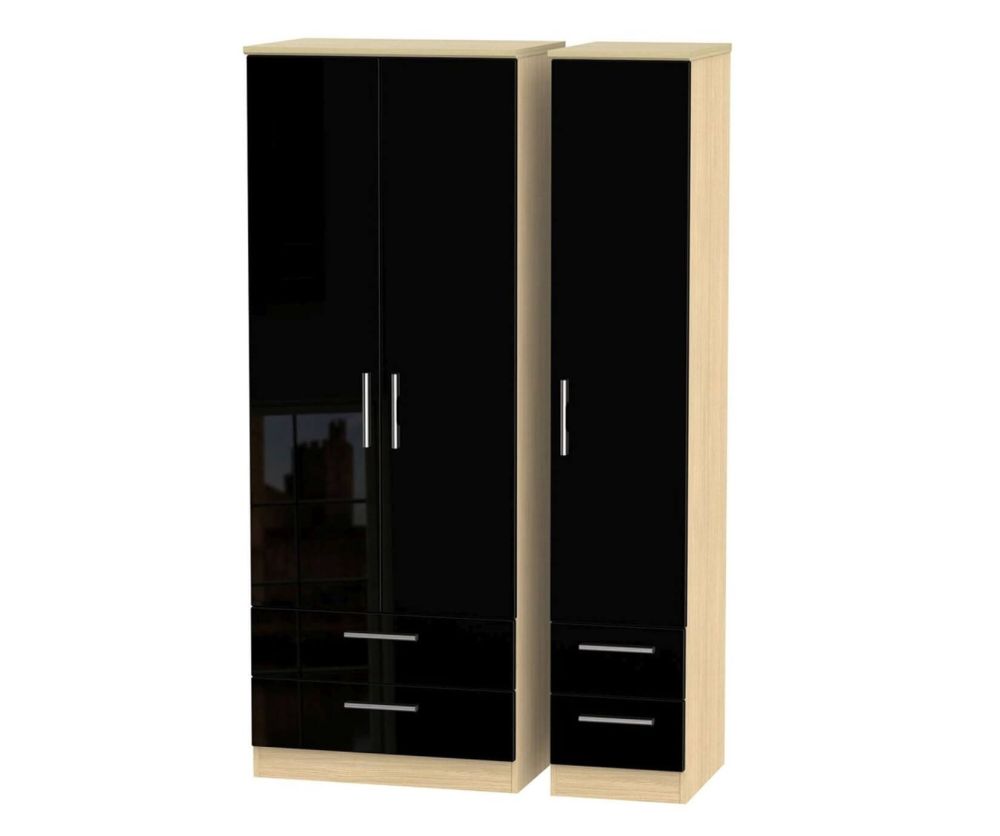 Welcome Furniture Knightsbridge High Gloss Black and Light Oak Triple Wardrobe - Tall with Drawer