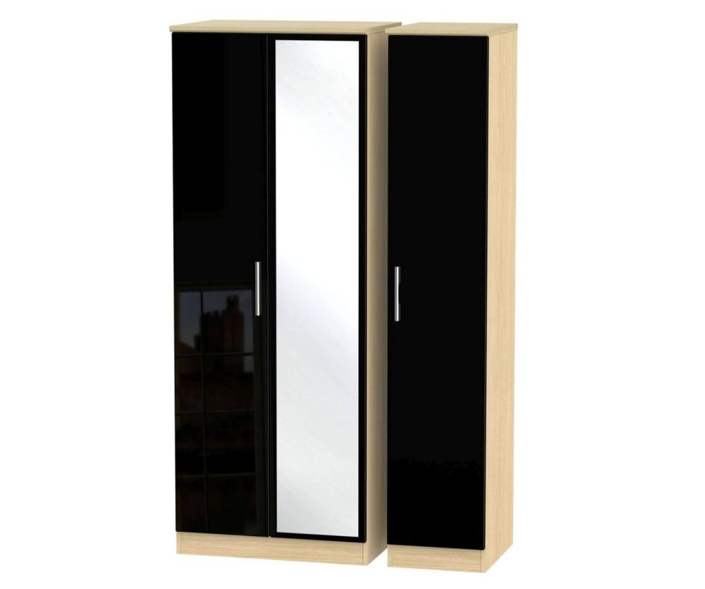 Welcome Furniture Knightsbridge High Gloss Black and Light Oak Wardrobe Triple Wardrobe - Tall with Mirror
