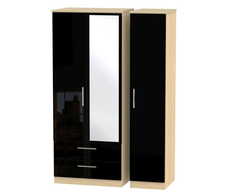 Welcome Furniture Knightsbridge High Gloss Black and Light Oak Triple Wardrobe - 2 Drawer and Mirror