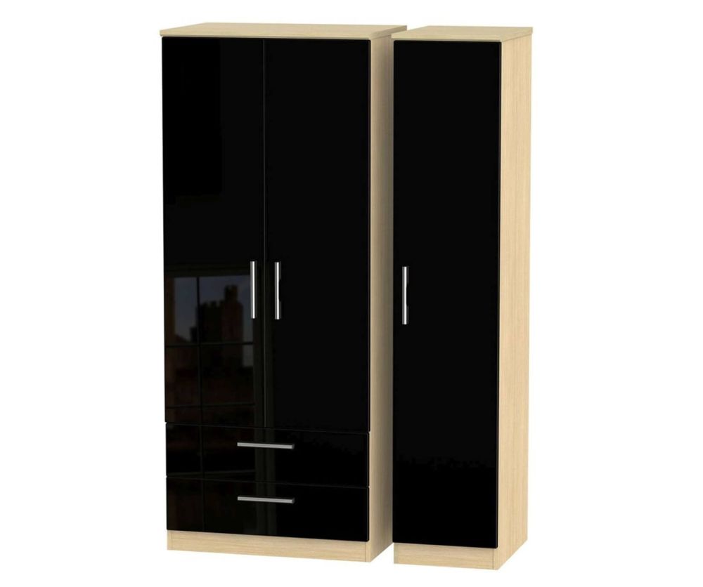 Welcome Furniture Knightsbridge High Gloss Black and Light Oak Triple Wardrobe - 2 Drawer