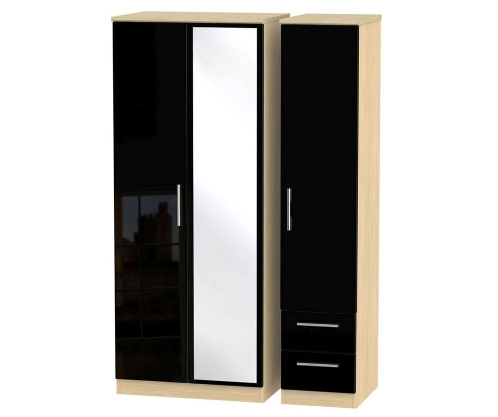Welcome Furniture Knightsbridge High Gloss Black and Light Oak Triple Wardrobe with Mirror and 2 Drawer
