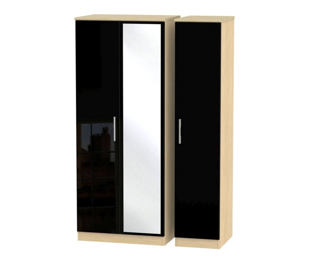 Welcome Furniture Knightsbridge High Gloss Black and Light Oak Triple Wardrobe with Mirror