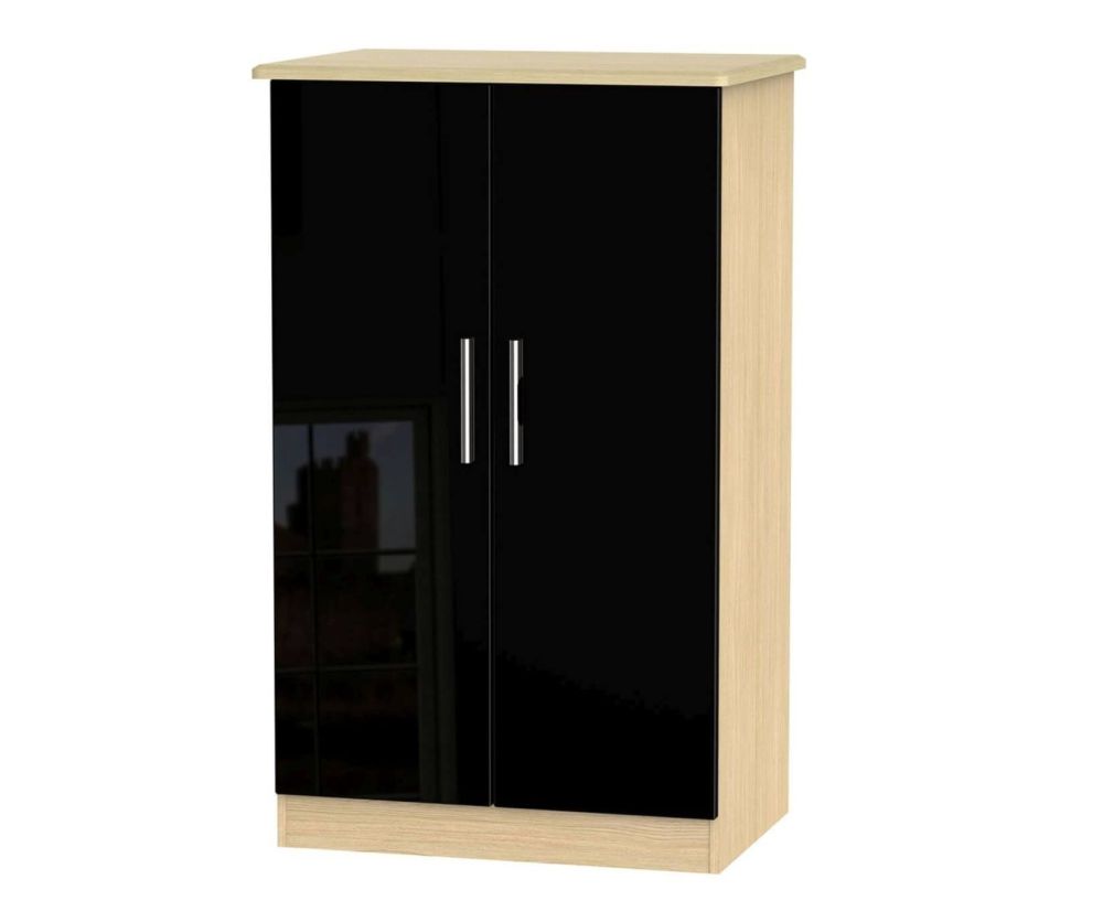 Welcome Furniture Knightsbridge High Gloss Black and Light Oak 2ft6in Plain Midi Wardrobe