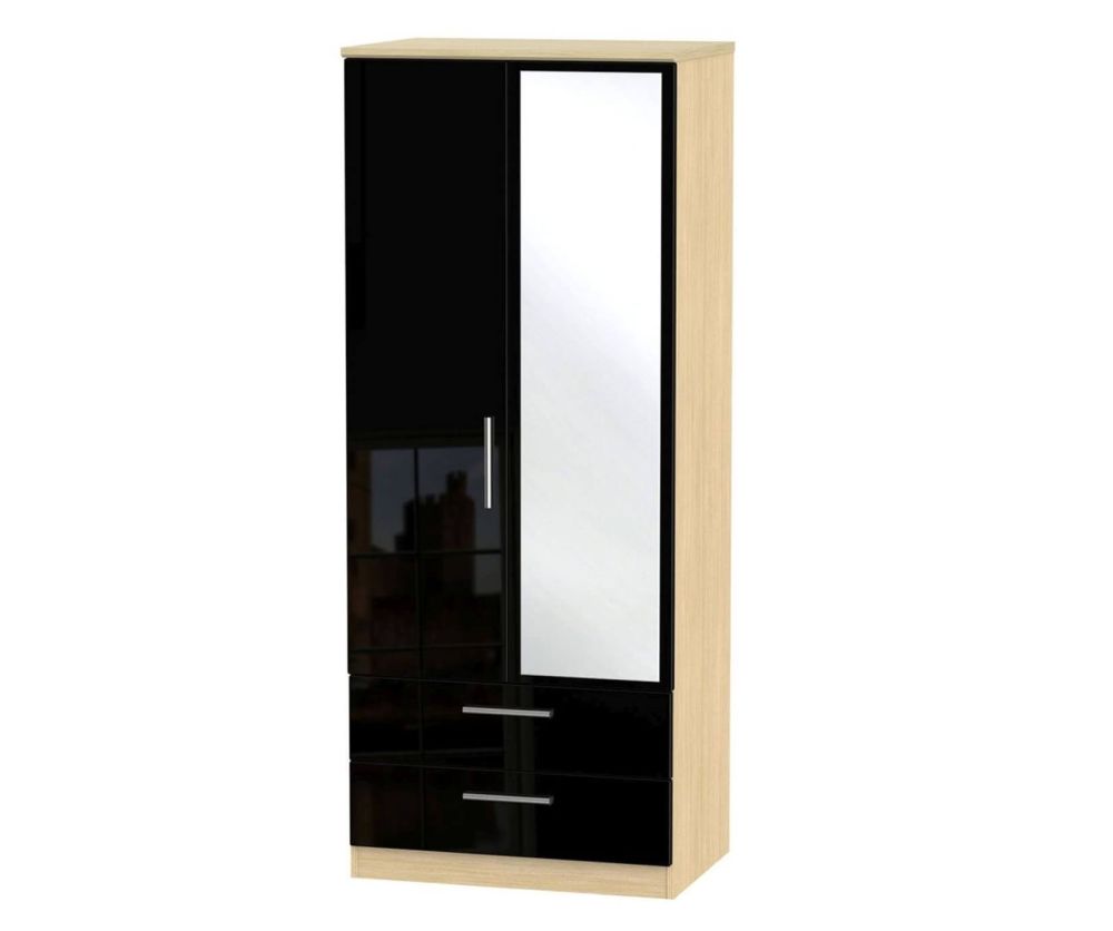 Welcome Furniture Knightsbridge High Gloss Black and Light Oak Wardrobe - 2ft 6in with 2 Drawer and Mirror