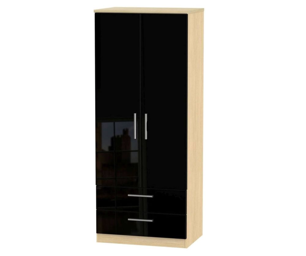 Welcome Furniture Knightsbridge High Gloss Black and Light Oak Wardrobe - 2ft6in Plain with 2 Drawer