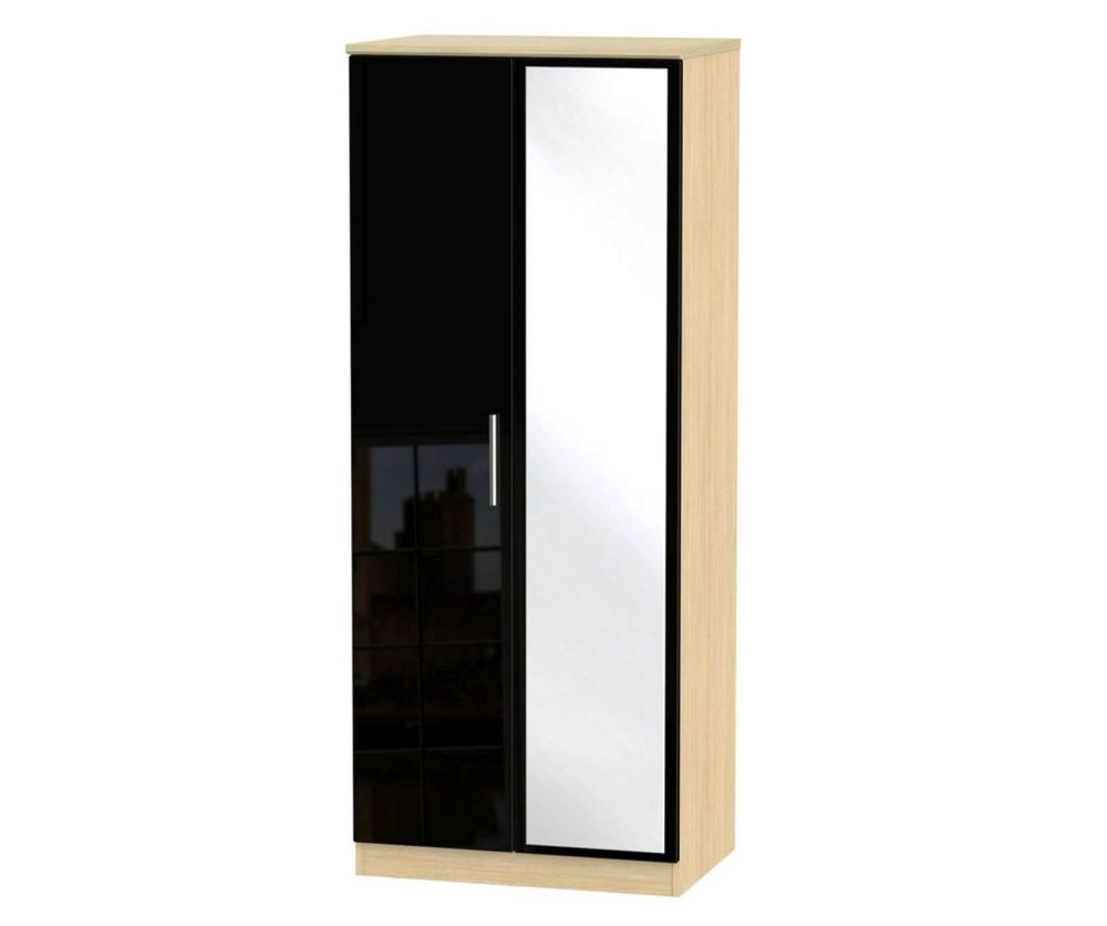 Welcome Furniture Knightsbridge High Gloss Black and Light Oak Wardrobe - 2ft6in with Mirror