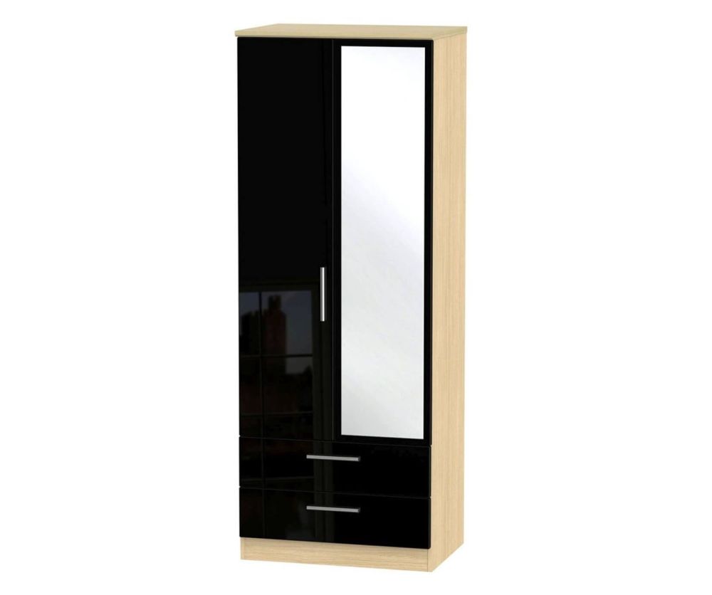 Welcome Furniture Knightsbridge High Gloss Black and Light Oak Wardrobe - Tall 2ft6in with 2 Drawer and Mirror