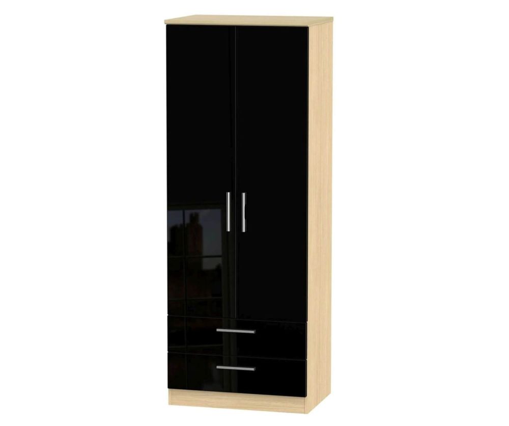 Welcome Furniture Knightsbridge High Gloss Black and Light Oak Wardrobe - Tall 2ft6in with 2 Drawer