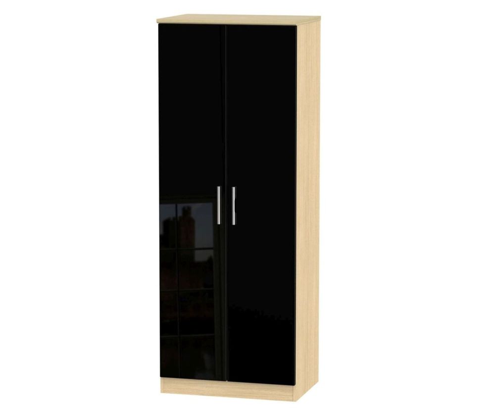 Welcome Furniture Knightsbridge High Gloss Black and Light Oak Wardrobe - Tall 2ft6in with Double Hanging