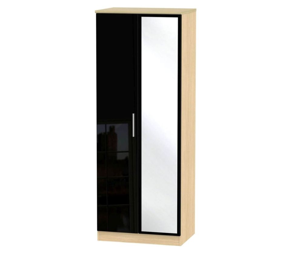 Welcome Furniture Knightsbridge High Gloss Black and Light Oak Wardrobe - Tall 2ft6in with Mirror
