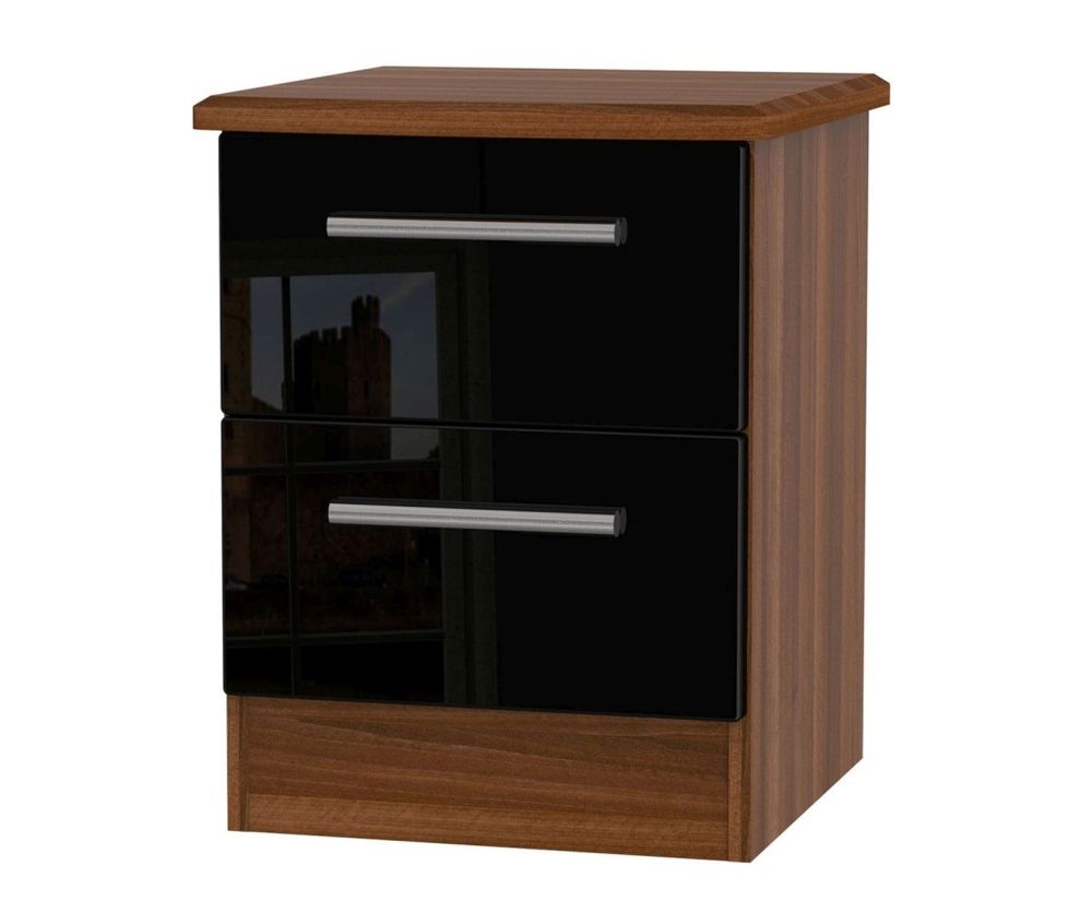 Welcome Furniture Knightsbridge High Gloss Black and Noche Walnut Bedside Cabinet - 2 Drawer Locker