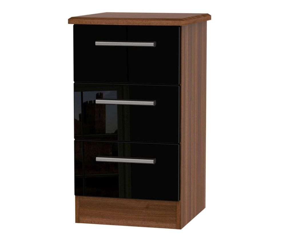 Welcome Furniture Knightsbridge High Gloss Black and Noche Walnut Bedside Cabinet - 3 Drawer Locker