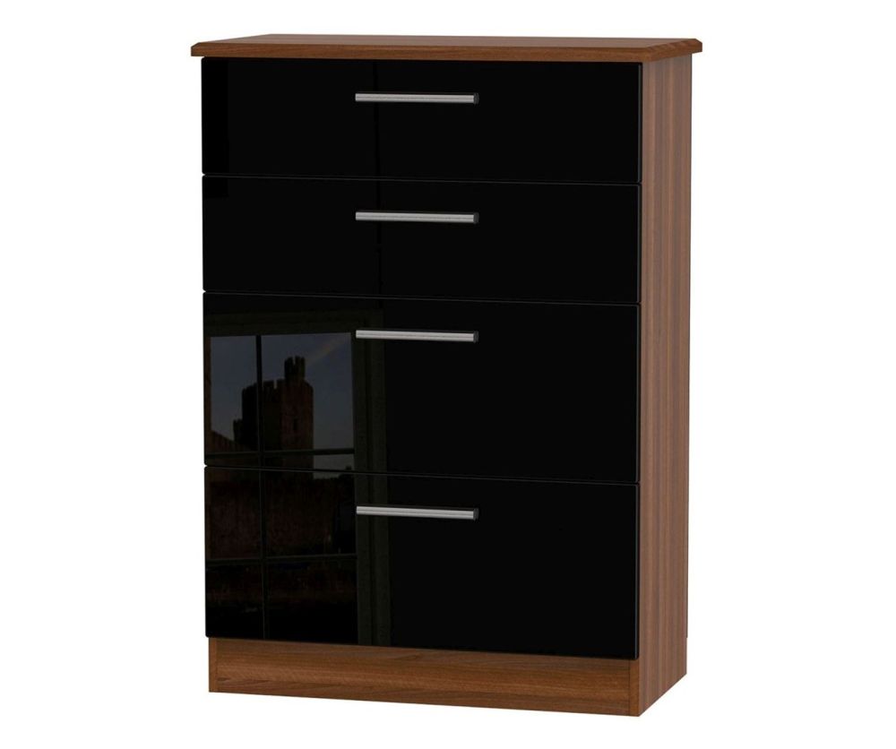 Welcome Furniture Knightsbridge High Gloss Black and Noche Walnut Chest of Drawer - 4 Drawer Deep