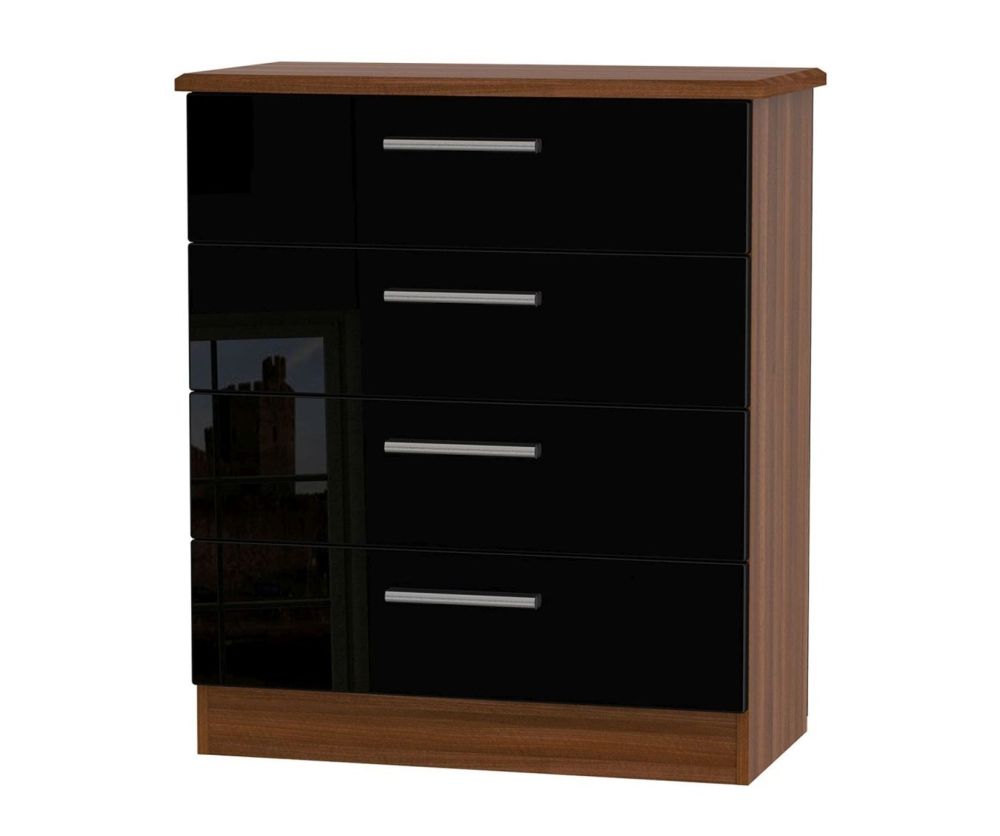 Welcome Furniture Knightsbridge High Gloss Black and Noche Walnut Chest of Drawer - 4 Drawer