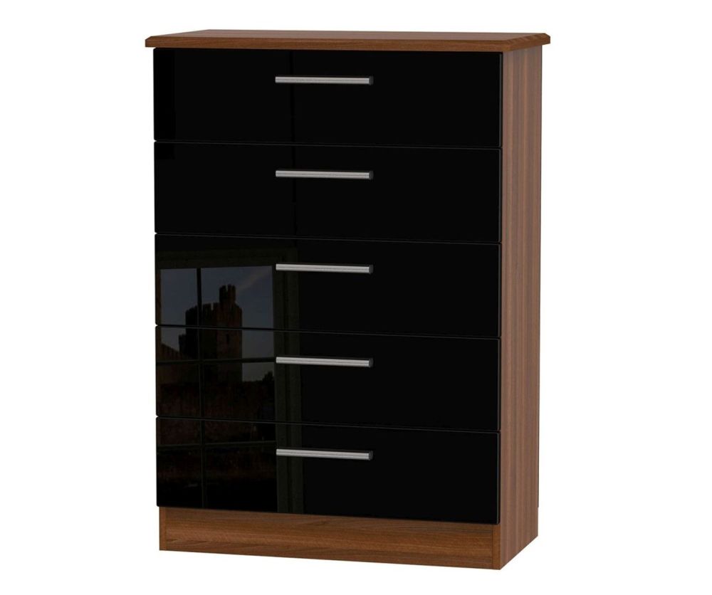 Welcome Furniture Knightsbridge High Gloss Black and Noche Walnut Chest of Drawer - 5 Drawer