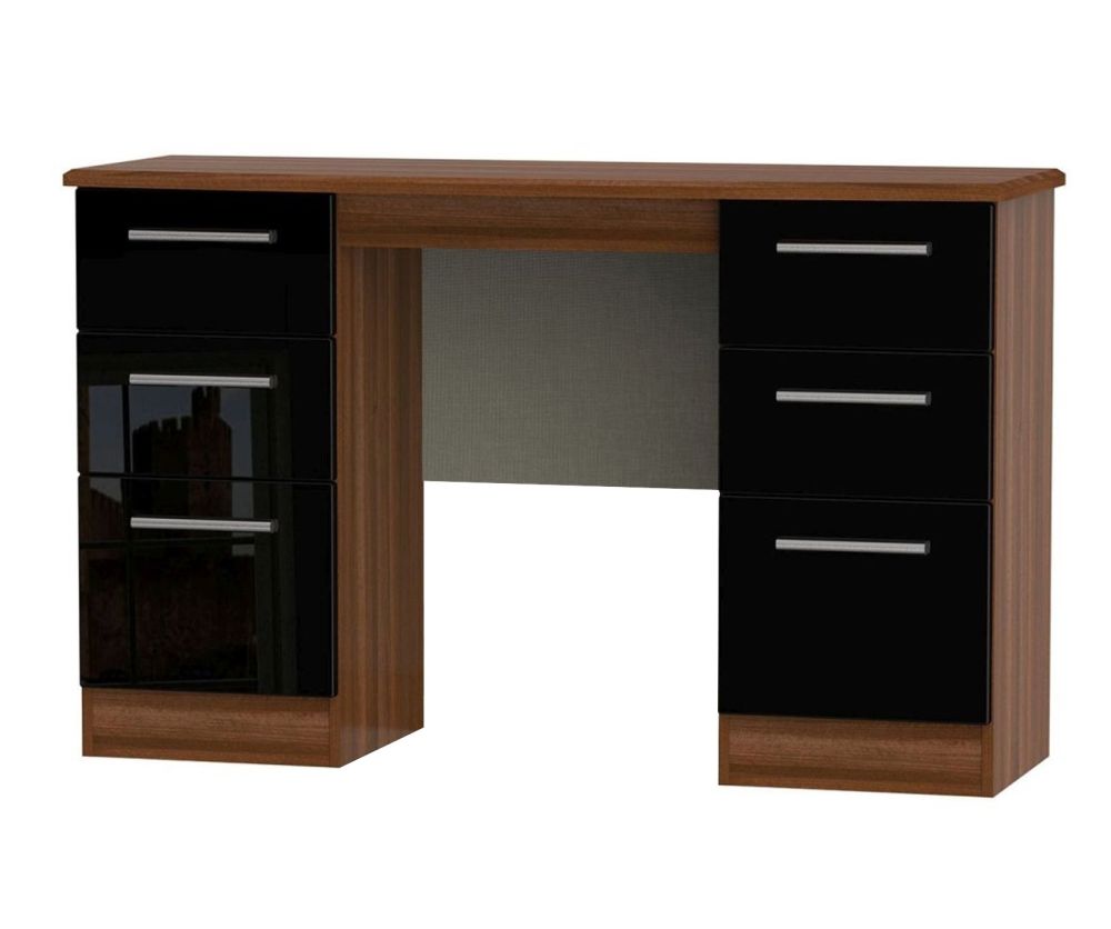 Welcome Furniture Knightsbridge High Gloss Black and Noche Walnut Dressing Table - Kneehole Double Pedestal