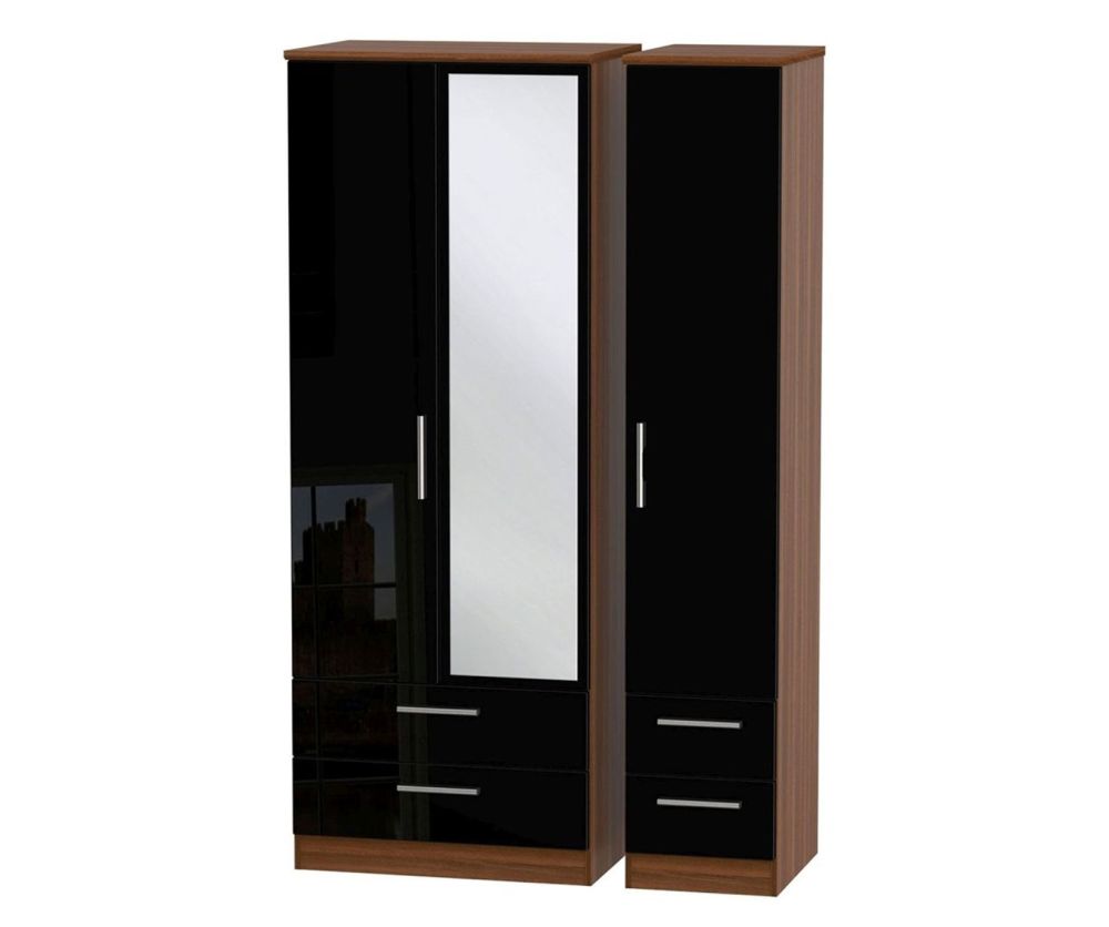 Welcome Furniture Knightsbridge High Gloss Black and Noche Walnut 3 Door 4 Drawer Tall Mirror Triple Wardrobe