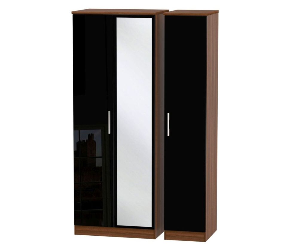 Welcome Furniture Knightsbridge High Gloss Black and Noche Walnut 3 Door Tall Mirror Triple Wardrobe