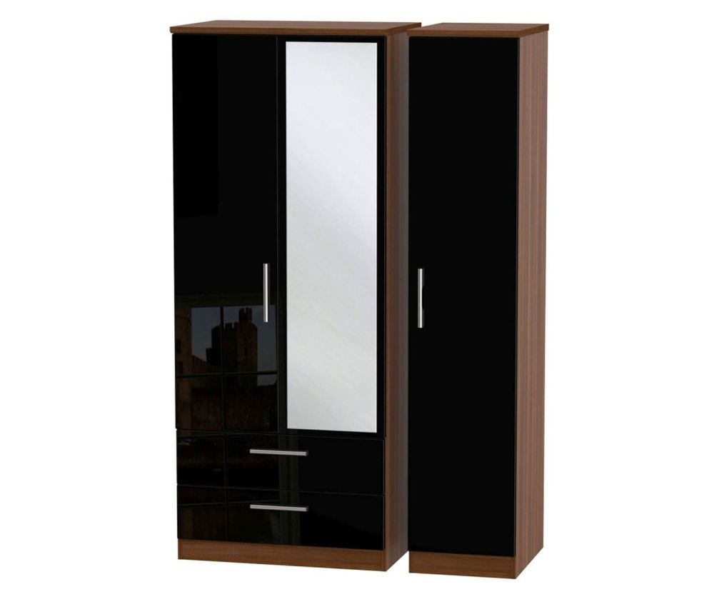 Welcome Furniture Knightsbridge High Gloss Black and Noche Walnut 3 Door 2 Drawer Mirror Triple Wardrobe