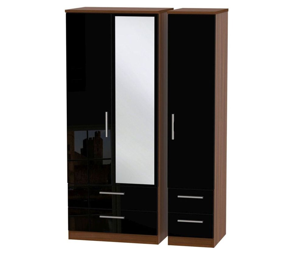 Welcome Furniture Knightsbridge High Gloss Black and Noche Walnut 3 Door 4 Drawer Mirror Triple Wardrobe