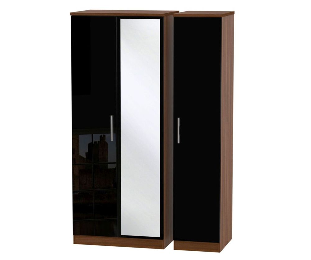 Welcome Furniture Knightsbridge High Gloss Black and Noche Walnut 3 Door Mirror Triple Wardrobe