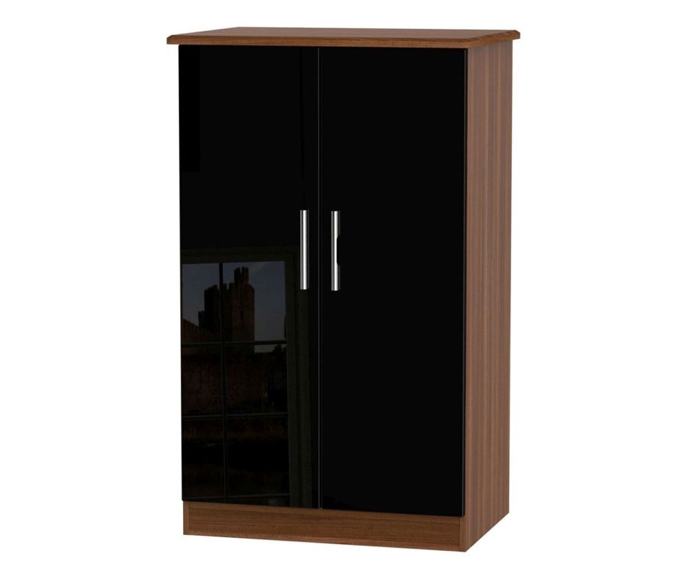 Welcome Furniture Knightsbridge High Gloss Black and Noche Walnut Wardrobe - 2ft 6in Plain Midi